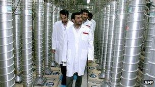 A picture released by Iran's presidency office in April 2008 shows Iranian President Mahmoud Ahmadinejad visiting the Natanz uranium enrichment facility south of Tehran