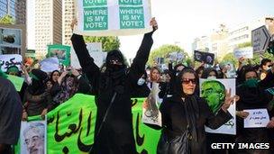 Iranian supporters of defeated reformist presidential candidate Mir Hossein Mousavi demonstrate on June 17, 2009 in Tehran, Iran.