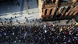 Public sector workers march through Manchester City Centre