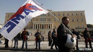 Trade unionists gather near the Greek parliament in Athens, 1 December