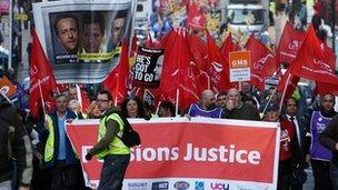 Public sector workers march through Birmingham to a rally at the NIA