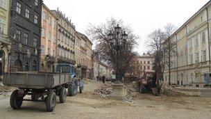 Construction work in the centre of Lviv