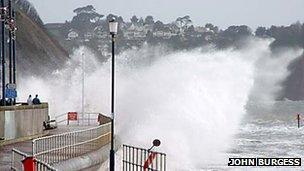 Waves crashing over Teignmouth sea wall, March 2008: Pic John Burgess