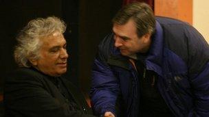 Bell Pottinger representative Tim Ryan (right) meets Vickramabahu Karunaratne, general secretary of the NSS Party at a north London meeting in November 2010