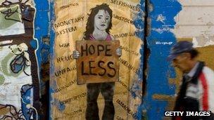 Graffiti image showing a women carrying a sign saying "hope less"