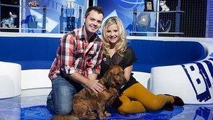 Barney Harwood and Helen Skelton with Barney the dog on the new Blue Peter set