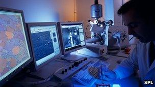 Scientist using a microscope