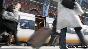 Passengers getting off Eurostar train at St Pancras