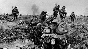 British troops leaving a trench as they go forward in support of an attack on the village of Morval during the Battle of the Somme