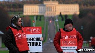 Members of the NIPSA union on strike at Stormont over changes to their pensions