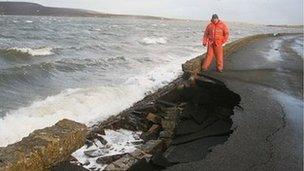 Storm-damaged causeway between South Walls and Hoy in Orkney