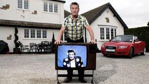 Billy Pearce now and a TV screen depicting him in 1986