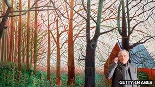 Artist David Hockney stands by his oil painting "Bigger Trees Near Warter"