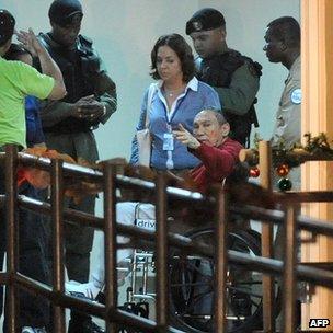 Former Panamenian dictator Manuel Noriega (red) after arrive at the Renacer prison, 25 km south east of Panama City, on December 11, 2011