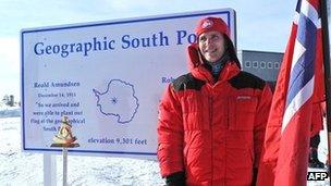 Norwegian Prime Minister Jens Stoltenberg at the geographic South Pole on 12 December 2011