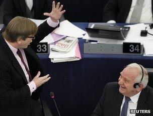 MEP Guy Verhofstadt (left) addresses the European Parliament in Strasbourg, 13 December