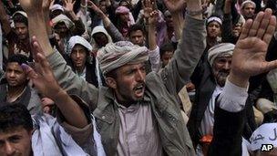 Demonstrators demand the resignation of President Ali Abdullah Saleh, in Sanaa, Yemen in March