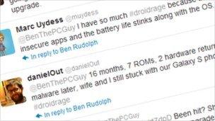 A screenshot from Twitter showing Android complaints