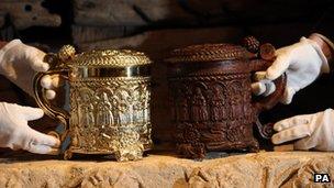 The original Grace Cup alongside a full size silver-gilt replica