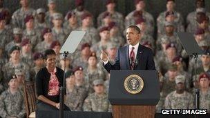 US President Barack Obama delivers a speech at Fort Bragg 14 December 2011