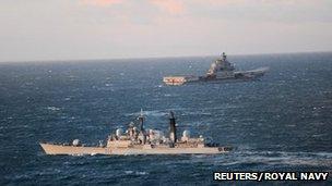 HMS York and Admiral Kuznetsov. Pic: Reuters/Royal Navy/MoD