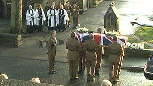 Rifleman Steel's coffin is carried into church