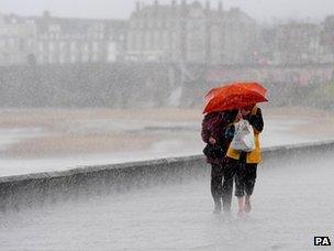 People holding an umbrella in a rainstorm