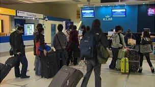 Passengers checking in at Durham Tees Valley Airport