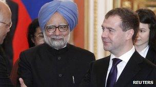 Manmohan Singh with Dmitry Medvedev in Moscow, 16 Dec