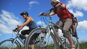 Two women cycling