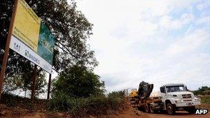 A sign informing about the Belo Monte dam construction work