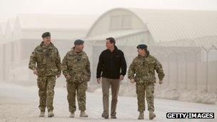 David Cameron with senior UK military personnel in Afghanistan