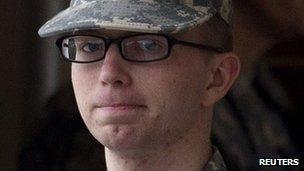 Bradley Manning is escorted from court at Fort Meade, Maryland, on 21 December 2011