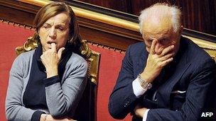 Italian Welfare Minister Elsa Fornero and Sports Minister Piero Gnudi listen to austerity debate, 22 Dec 11