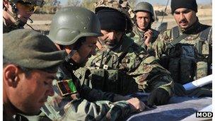 Afghan soldiers studying a map