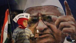 A young supporter of Indian anti-corruption activist Anna Hazare, depicted in photograph in background, wears a cap that reads "I am Anna" as he hold the Indian flag during a protest against corruption in Ahmadabad, India