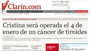 Clarin website with headline: Cristina will have operation for thyroid cancer on 4 January