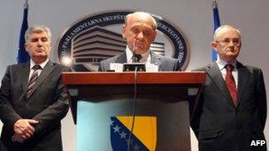 Bosnian political leaders at a news conference - Dragan Covic of the Croatian Democratic Union, Sulejman Tihic of the Party of Democratic Action and Bozo Ljubic of the Croatian Democratic Union 1990