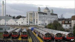 Tube trains sit at a depot in Morden, south London