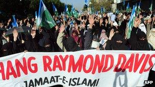 Protest against the release of CIA contractor Raymond Davis during a protest in Karachi in March 2011