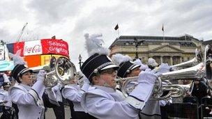 A marching band in Piccadilly Circus