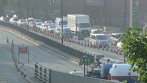 A queue as drivers wait to leave the A4 before the Hammersmith Flyover in west London