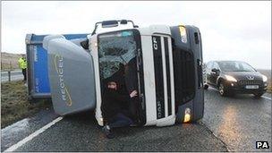 A lorry on its side in County Durham