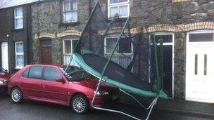 Trampoline blown onto car in Bala. Pic: Dylan Vaughan Evans