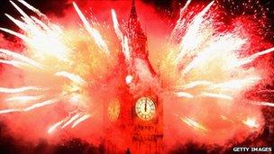 Fireworks go off around Big Ben to welcome in 2012 in London