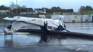 Overturned plane at St Angelo Airport in County Fermanagh