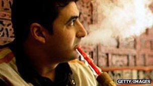 Man smoking shisha pipe