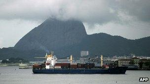 A cargo ship entering Rio de Janeiro's Guanabara Bay