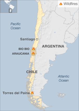 Map including latest fire location Araucania