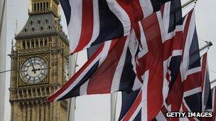 Big Ben, with union jacks in the foreground